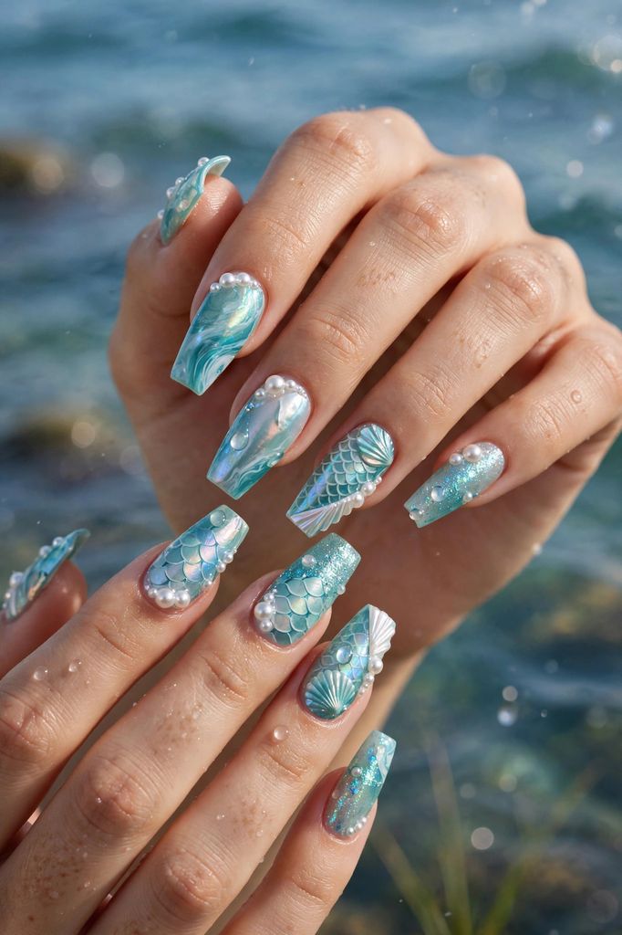 mermaid pearl lagoon coffin nail design with clean-edged detailing on coffin nails in sea blue, turquoise and salt-air freshness
