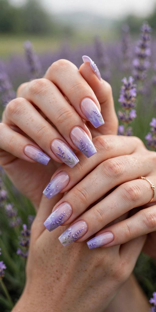 lavender field mist coffin nail design with tiny-accent charm on coffin nails in pale tones, lilac and soft green