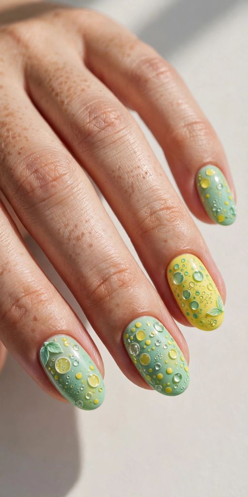 lemonade mint fizz oval nail design with tiny-dot charm on oval nails in turquoise, sand and lagoon blue