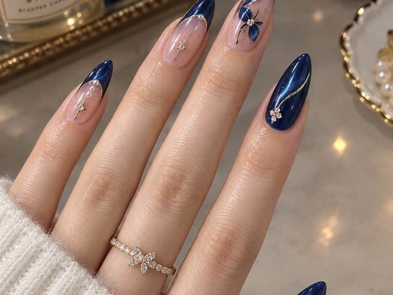 Celestial Navy Blue & Gold Nail Art: Elegance Meets Night Sky Magic