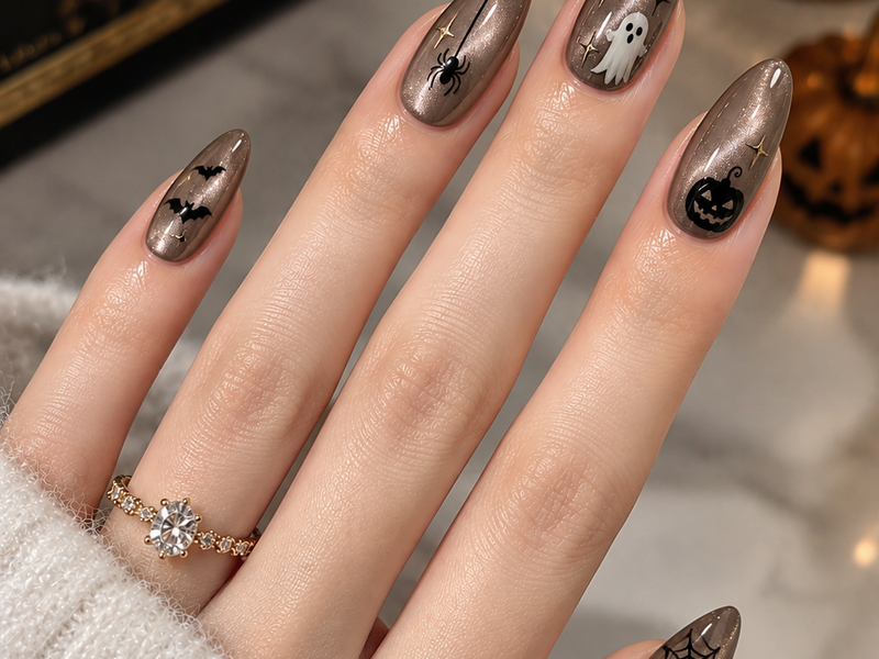 Elegant Dark Bronze Halloween Nails: Spooky Cat-Eye Nail Art Guide