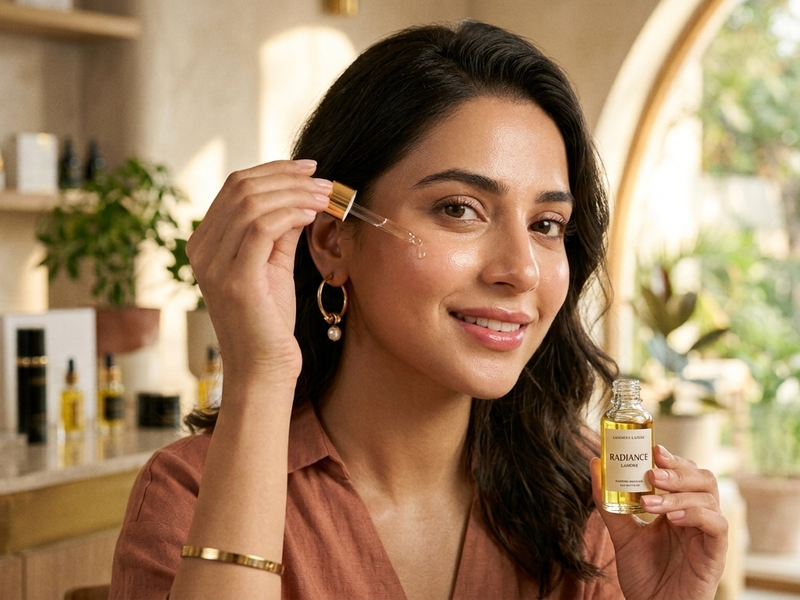 Young woman with radiant glowing skin holding a skincare serum bottle and dropper in a natural light setting
