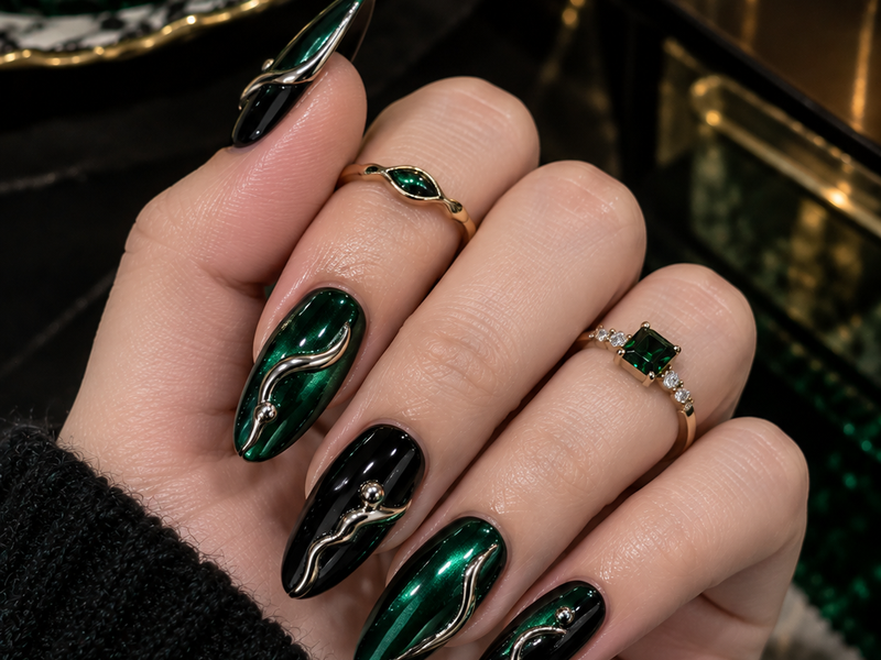 Emerald Green Chrome Nails with 3D Silver Snake Art