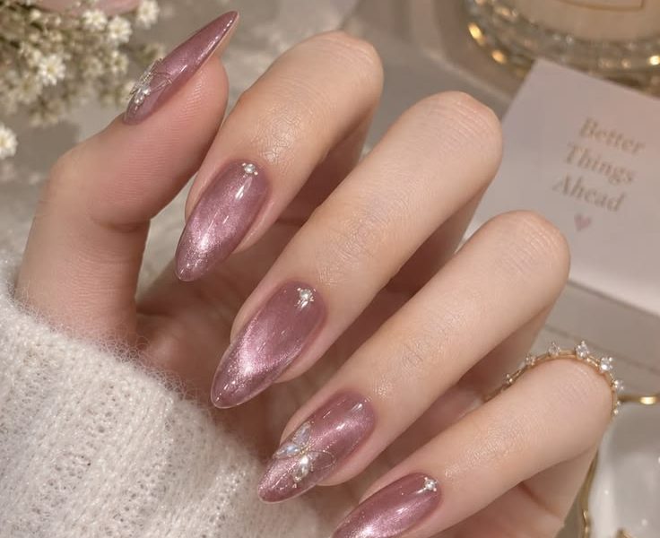 Rose Quartz Cat-Eye Nails with 3D Butterfly & Pearl Accents | 2026 Nail Art Guide