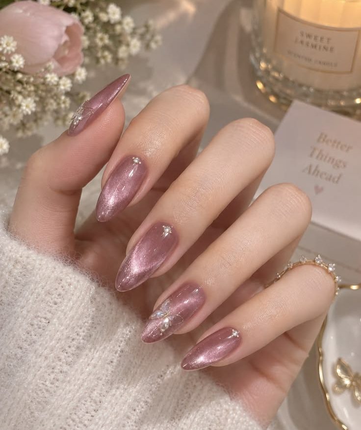 Rose Quartz Cat-Eye Nails with 3D Butterfly & Pearl Accents | 2026 Nail Art Guide