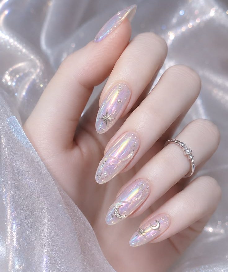 Celestial Iridescent Nail Art Guide: Opal Glaze & Starlight Charms
