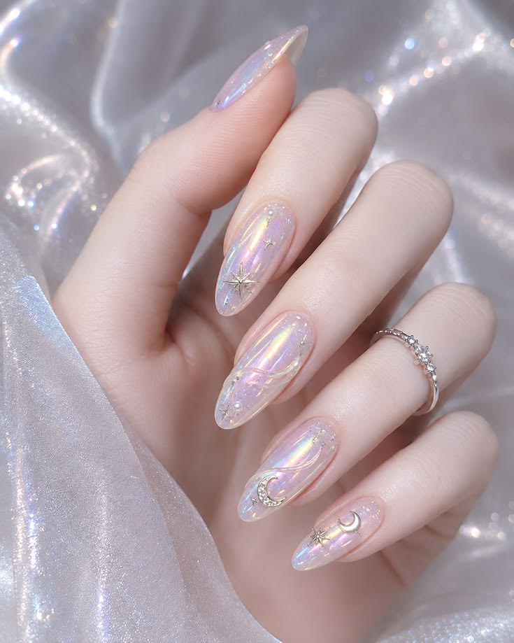 Celestial Iridescent Nail Art Guide: Opal Glaze & Starlight Charms