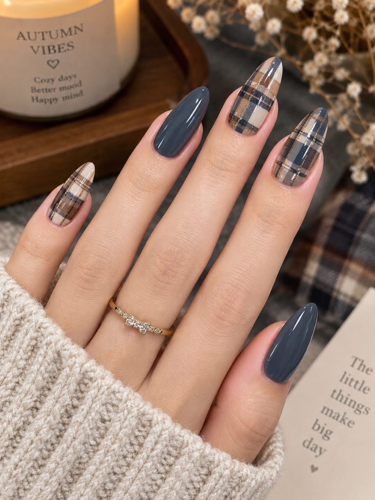 Cozy Plaid & Slate Gray Autumn Nails: Ultimate Fall Manicure Guide