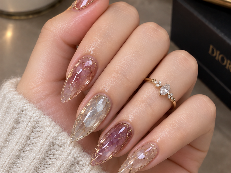 Translucent Stiletto Gemstone Nails: Stained-Glass & Quartz Gel Design Guide