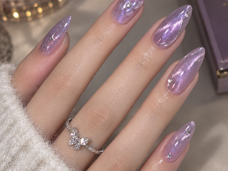 Sparkling Lavender Cat-Eye Nails: 3D Floral & Starburst Nail Art Guide