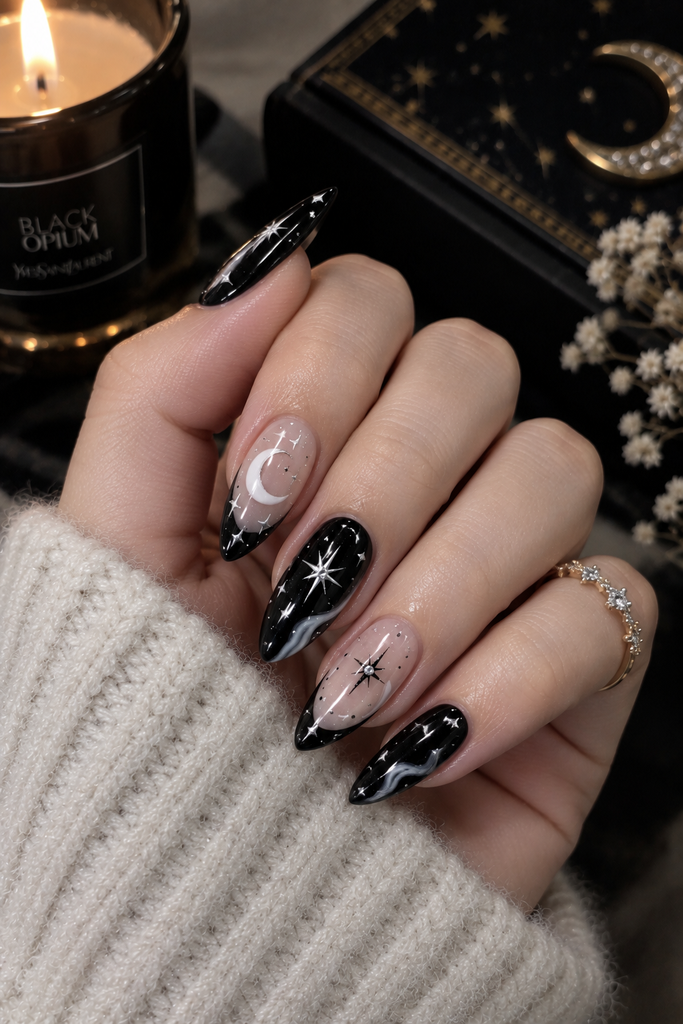 Celestial Magic: Black & Nude Celestial Nail Art Guide