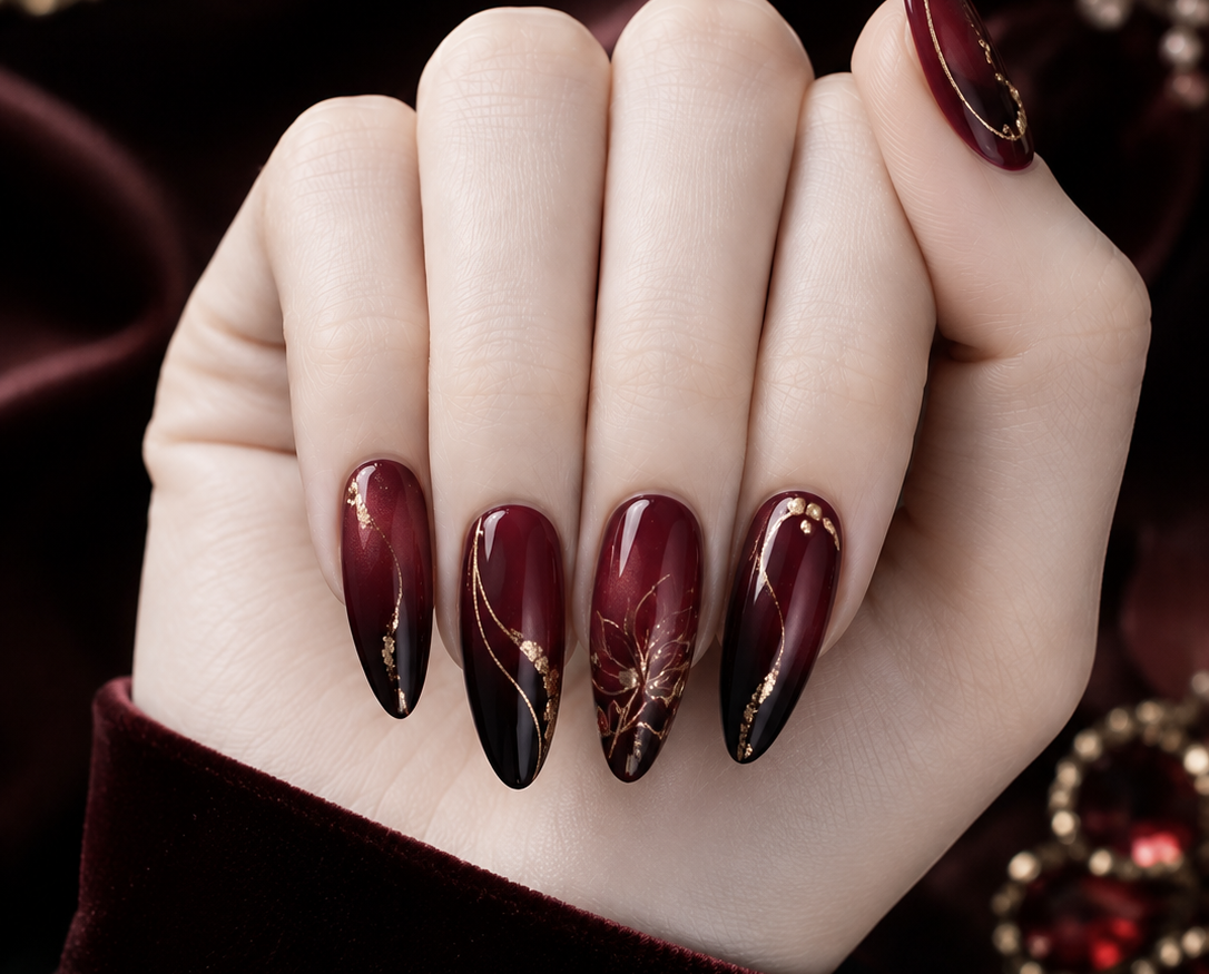 Elegant Burgundy Ombré Nails with Gold Floral Art | Luxury Nail Design Guide