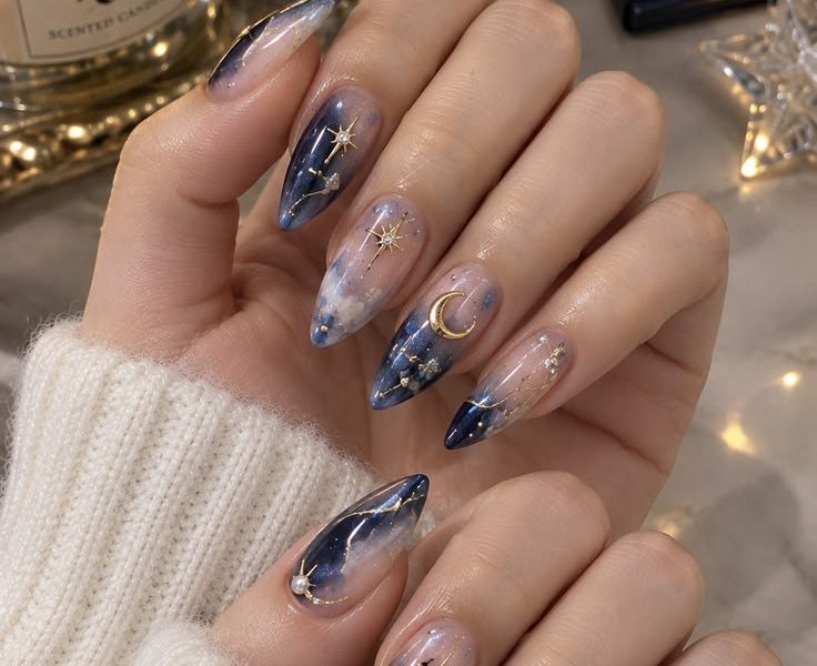 Celestial Midnight Nails: Stunning Galaxy & Crescent Moon Nail Art