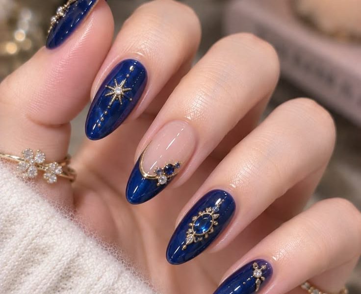 Royal Navy & Gold Celestial Nails: 2026 Luxury Nail Art Trend