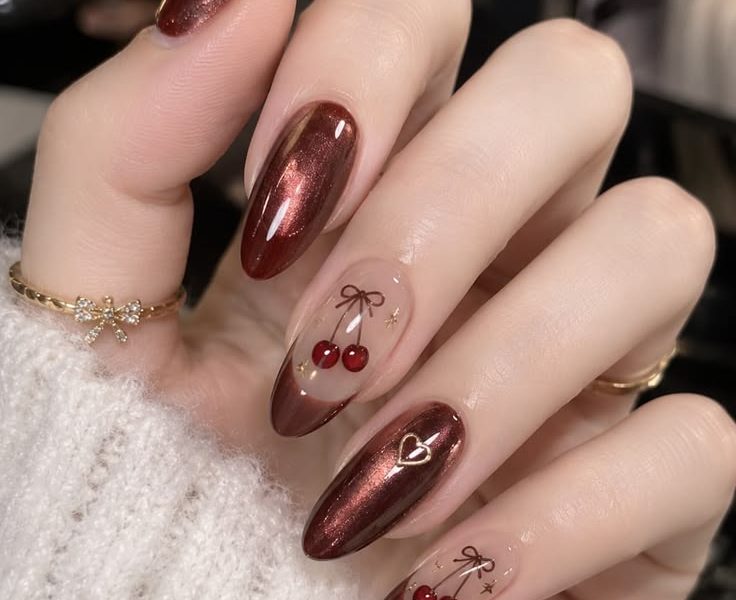 Metallic Cherry Mocha Nails: Trendy Autumn Gel Art