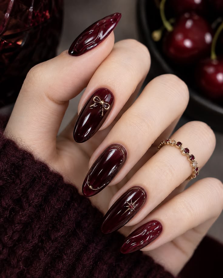 Dark Cherry Red & Gold Accent Nails: Trends, DIY Guide & Ideas
