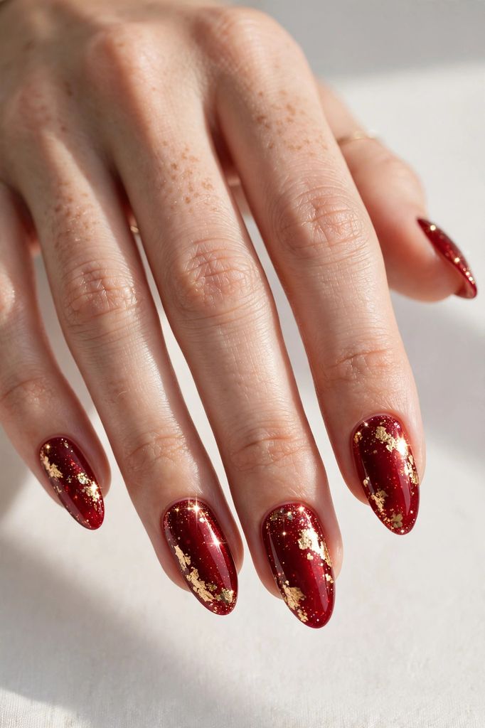 holiday glam red almond nail design with delicate hand-painted details on almond nails in cranberry, pine green and sparkling gold