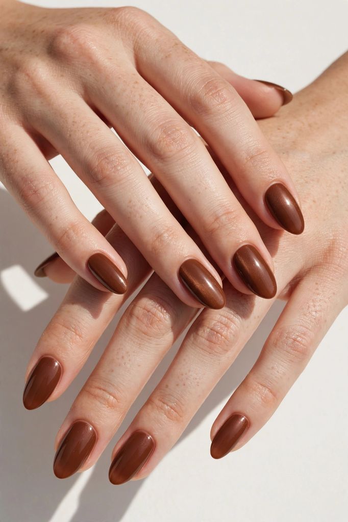 chestnut brown almond nail design with delicate hand-painted details on almond nails in burnt orange, chestnut and cream