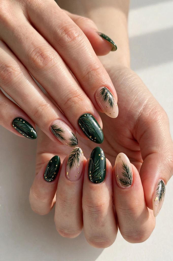 evergreen pine almond nail design with delicate hand-painted details on almond nails in deep red, evergreen and warm gold