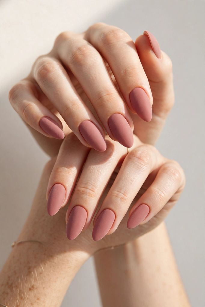 bridesmaid dusty rose almond nail design with delicate hand-painted details on almond nails in rose, champagne and champagne gold