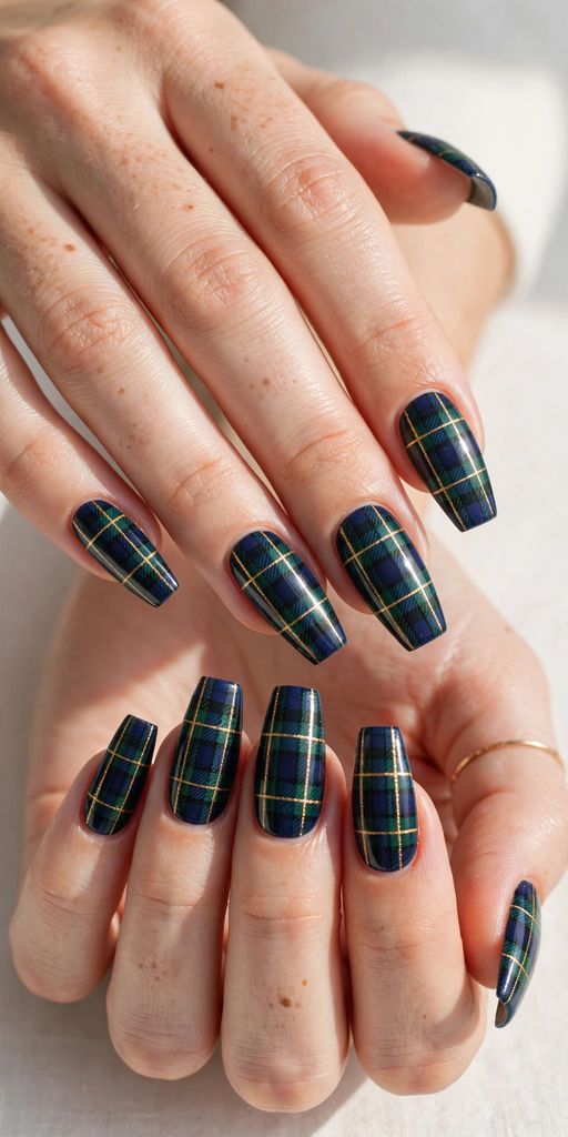 winter plaid coffin nail design with clean-edged artistry on coffin nails in burnt orange, chestnut and cream