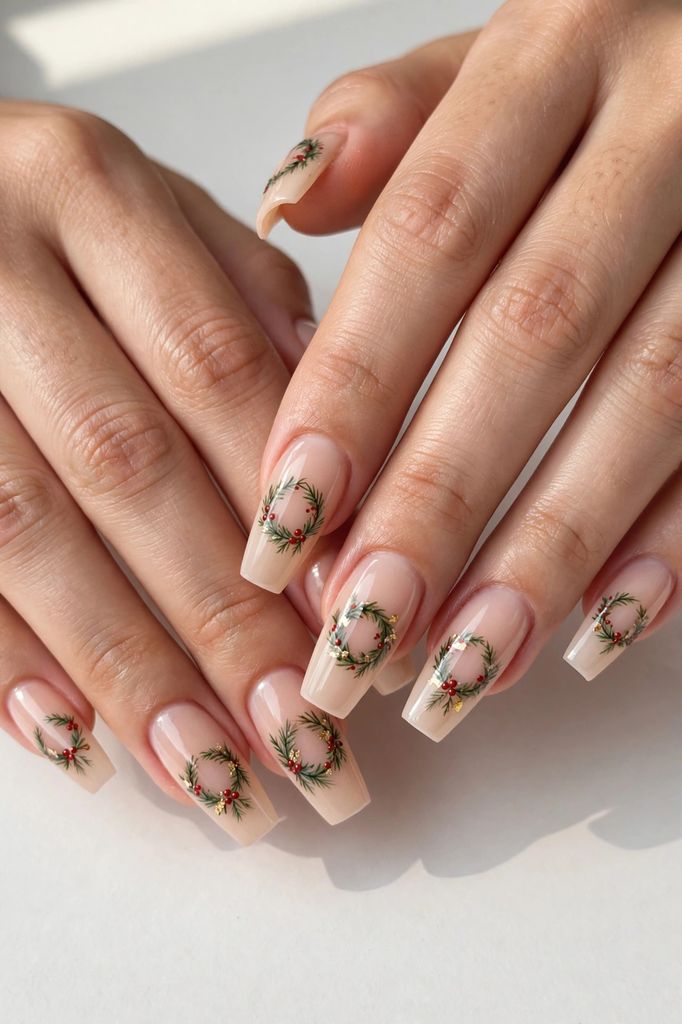evergreen wreath coffin nail design with clean-edged touches on coffin nails in soft tones, snow white and warm gold