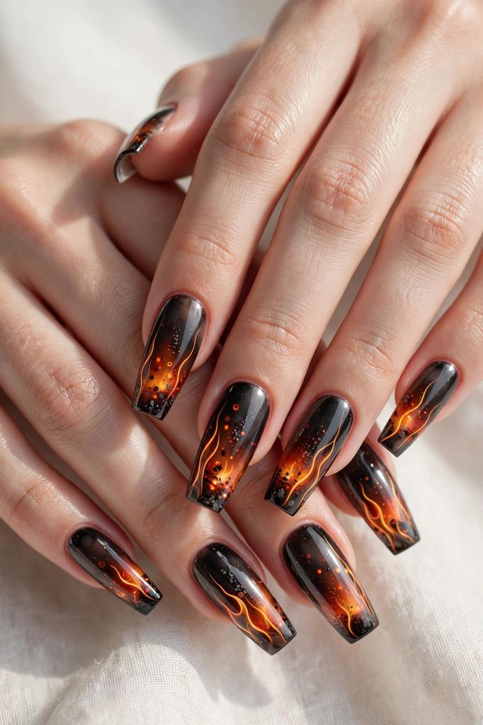 ember fireplace coffin nail design with tiny-dot finish on coffin nails in cranberry, pine green and sparkling gold