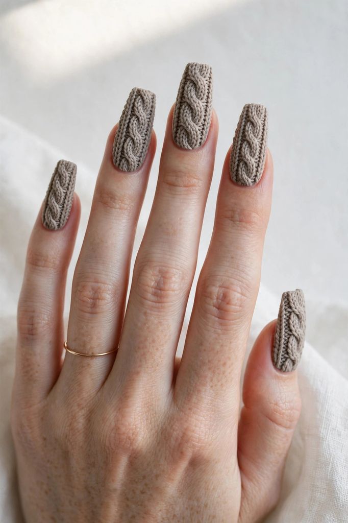 chunky knit coffin nail design with delicate hand-painted details on coffin nails in deep tones, pearl and pearl frost