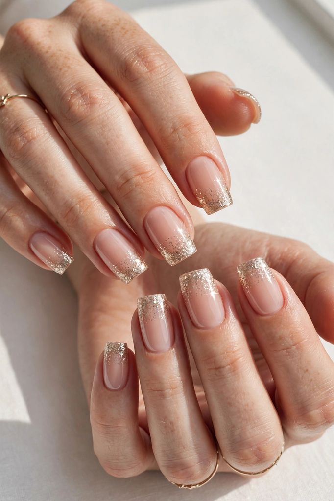 champagne sparkle french square nail design with clean-edged touches on square nails in pale tones, forest green and berry red