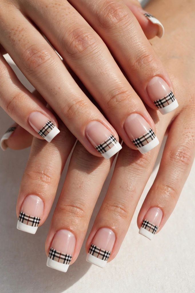 plaid french square nail design with delicate hand-painted details on square nails in deep tones, amber and soft gold
