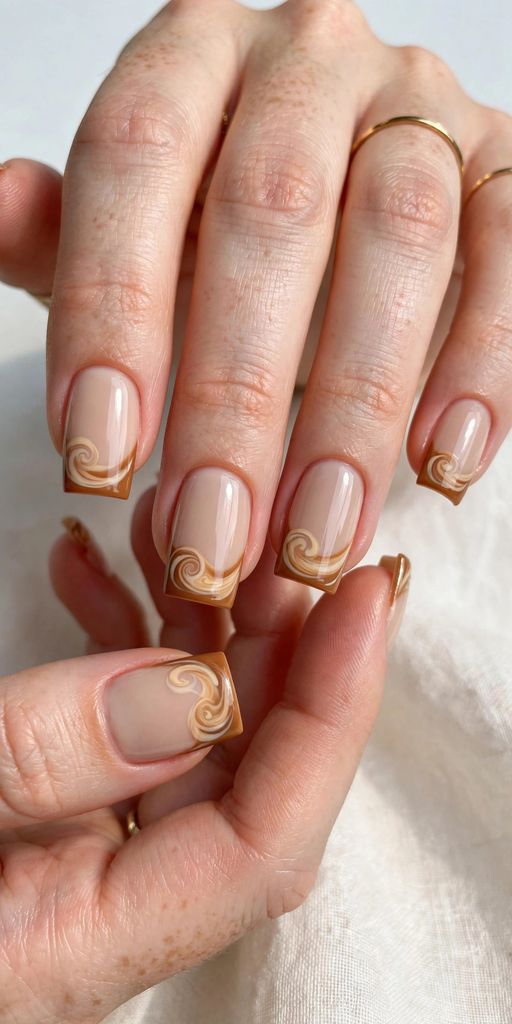 caramel latte french square nail design with tiny-dot artistry on square nails in soft tones, amber and honey