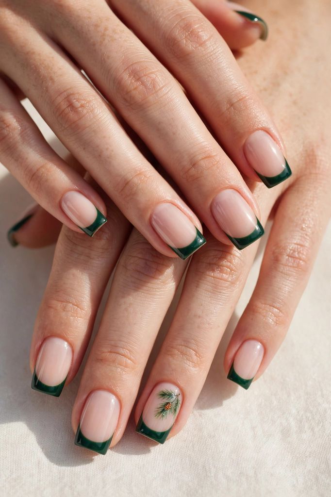 evergreen french square nail design with soft-shaded artistry on square nails in deep tones, pine green and gold