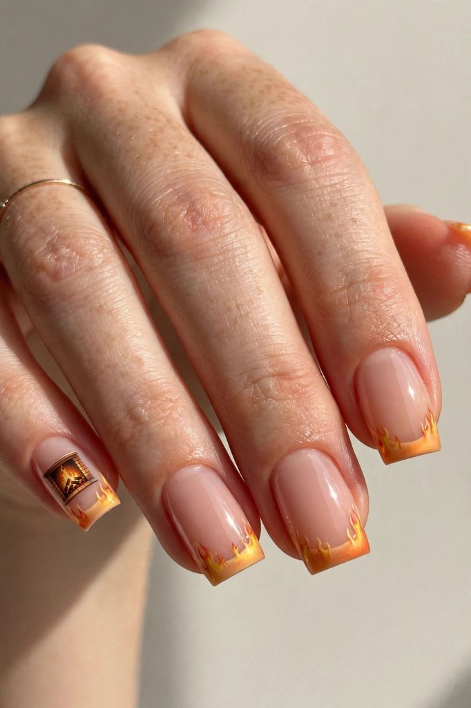 fireplace french square nail design with crisp-outlined charm on square nails in rich tones, holly berry and gold