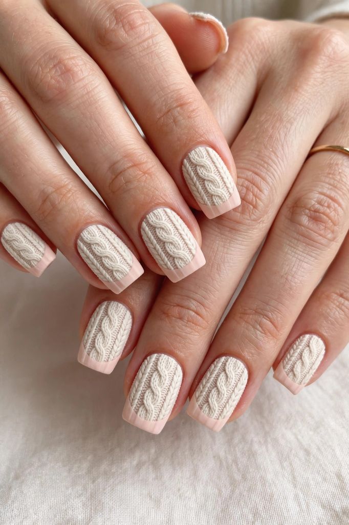 knit french square nail design with delicate-stroke touches on square nails in icy blue, ice white and a frosty glow