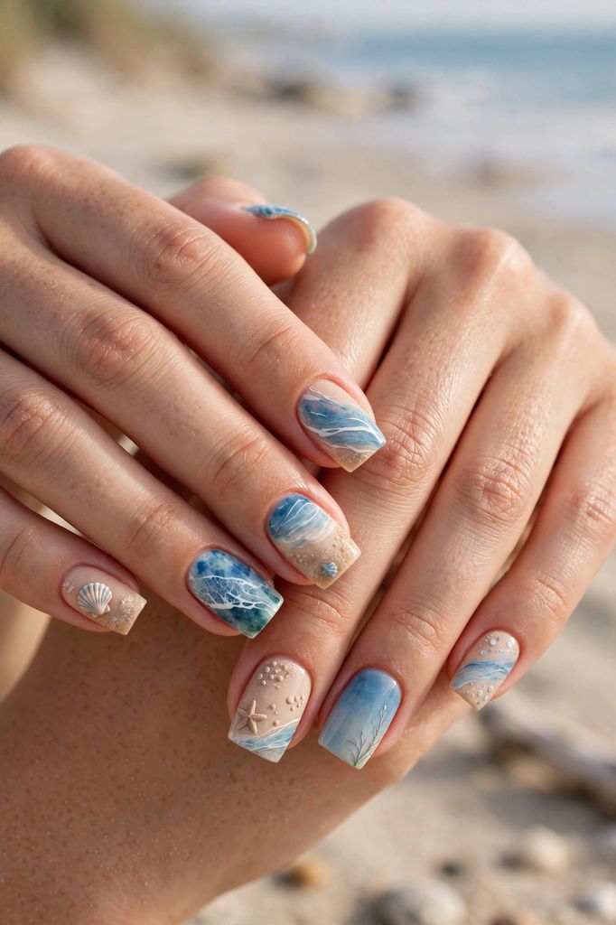 vacation coastal escape square nail design with soft-blended artistry on square nails in rich tones, soft sand and soft sand tones