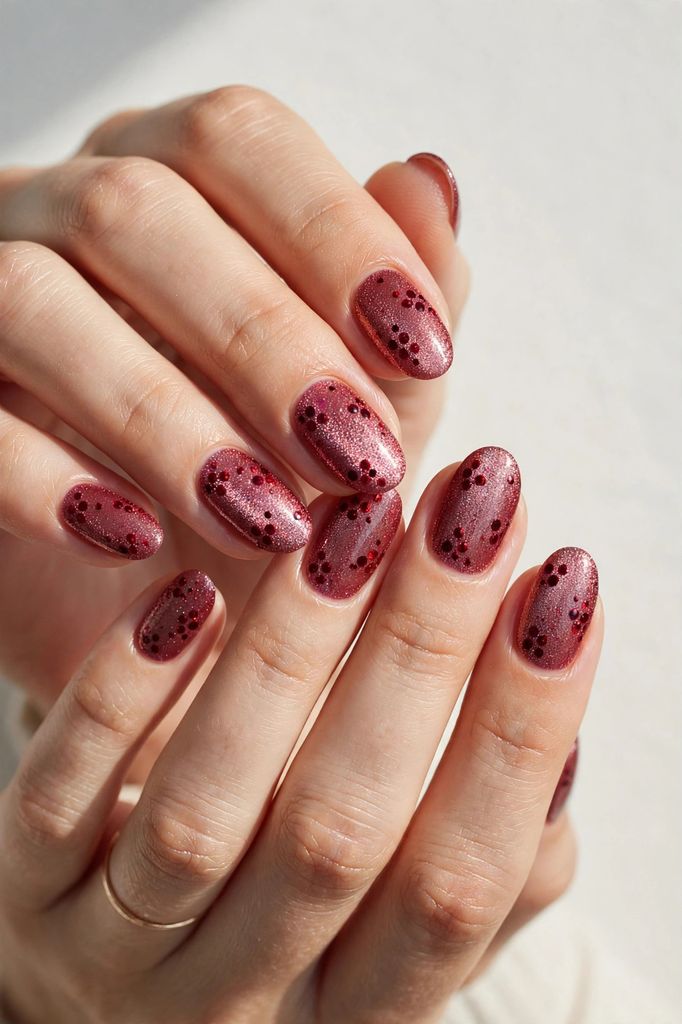 cranberry shimmer oval nail design with delicate-stroke finish on oval nails in pale tones, amber and honey