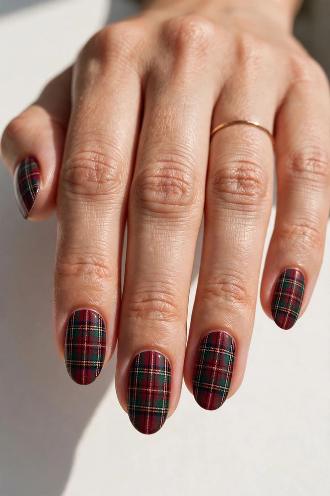 tartan plaid oval nail design with crisp-outlined artistry on oval nails in soft tones, amber and cream