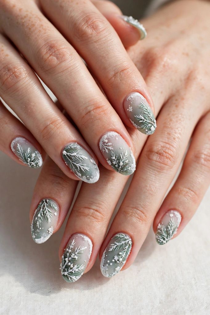 frosted evergreen oval nail design with gentle-curved detailing on oval nails in red, snow white and ice white
