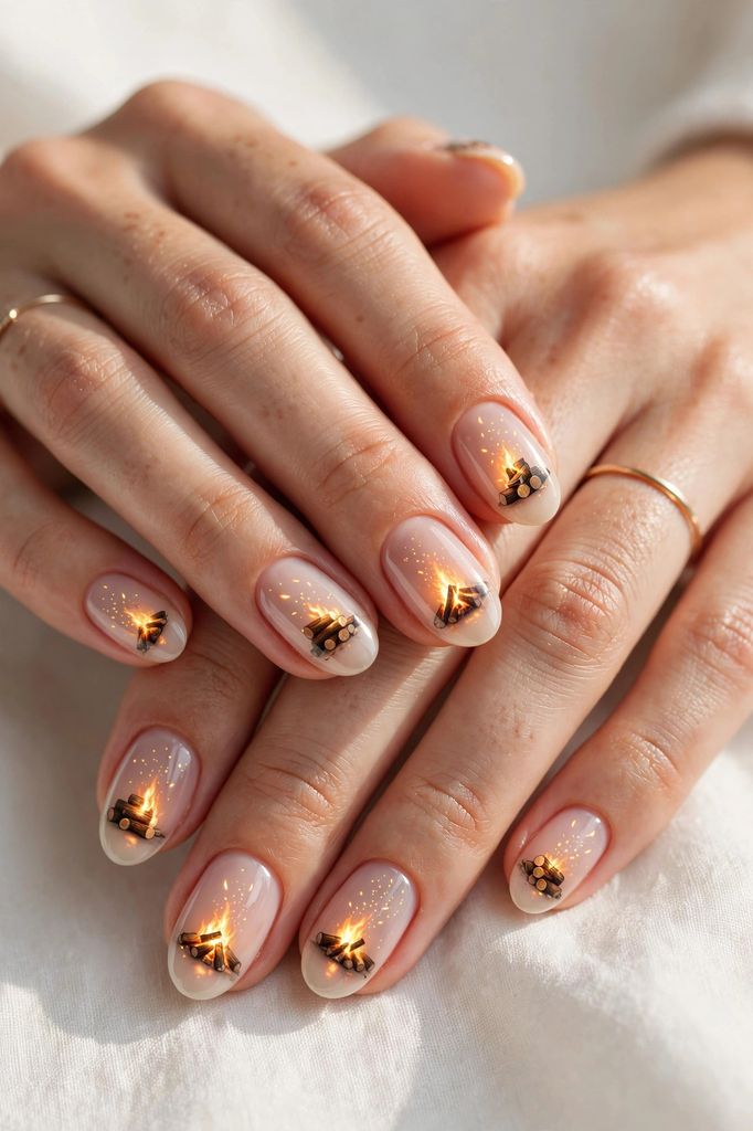 cozy fireplace oval nail design with soft-shaded touches on oval nails in rich tones, evergreen and warm gold